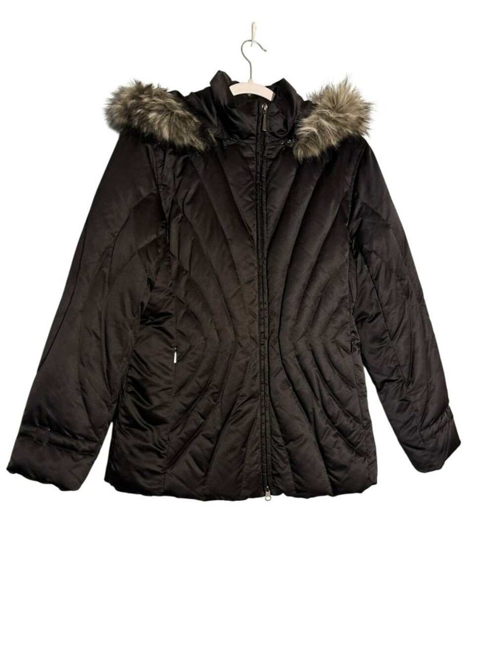 A.n.a Black Quilted Hooded Jacket With Faux Fur Trim Down & Feather Fill Medium